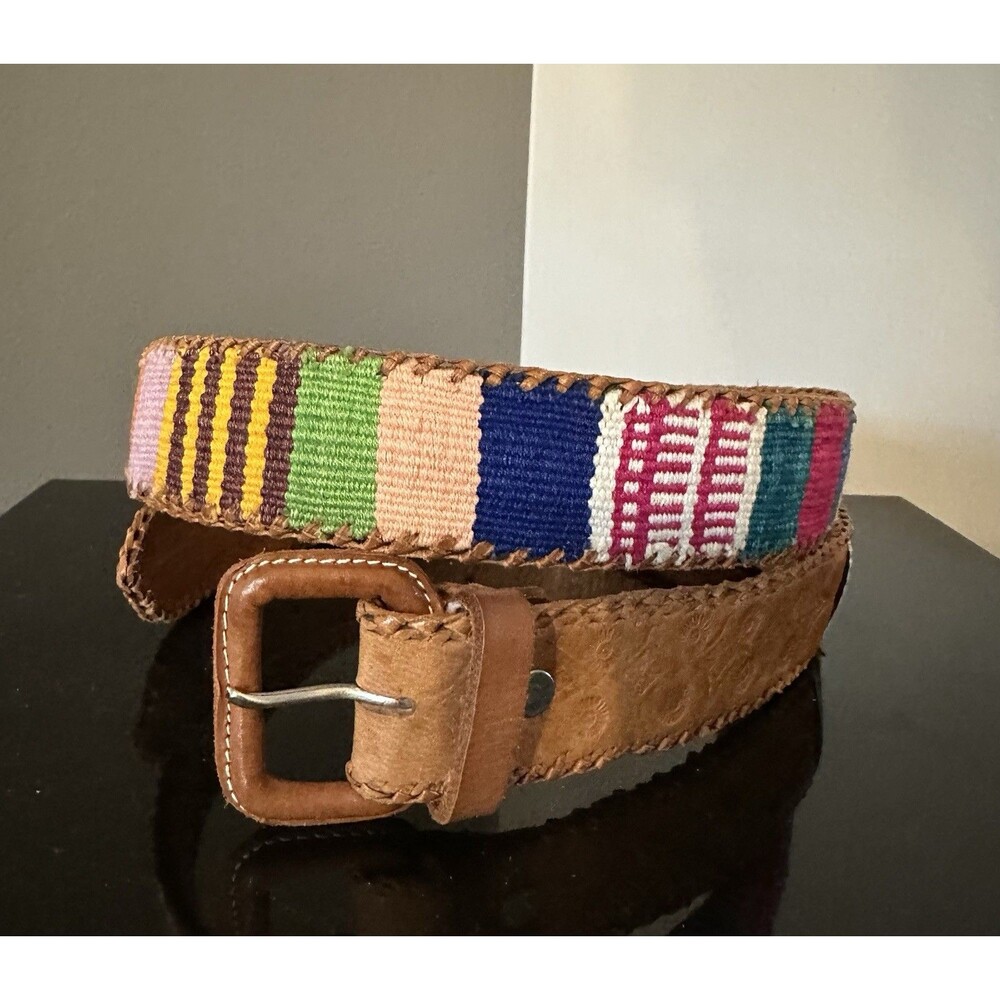 Vintage Women's Hand Tooled Multi-Colored Saddle Blanket Wool Leather Belt Sz 36